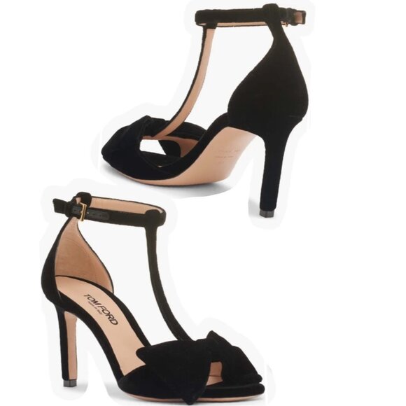 Tom Ford Brigitte Bow Sandals Velvety Black Stiletto Heels Women Size 36 US5 - Picture 2 of 16